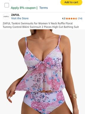 ZAFUL Pink & Blue Floral Ruffle Tankini Set